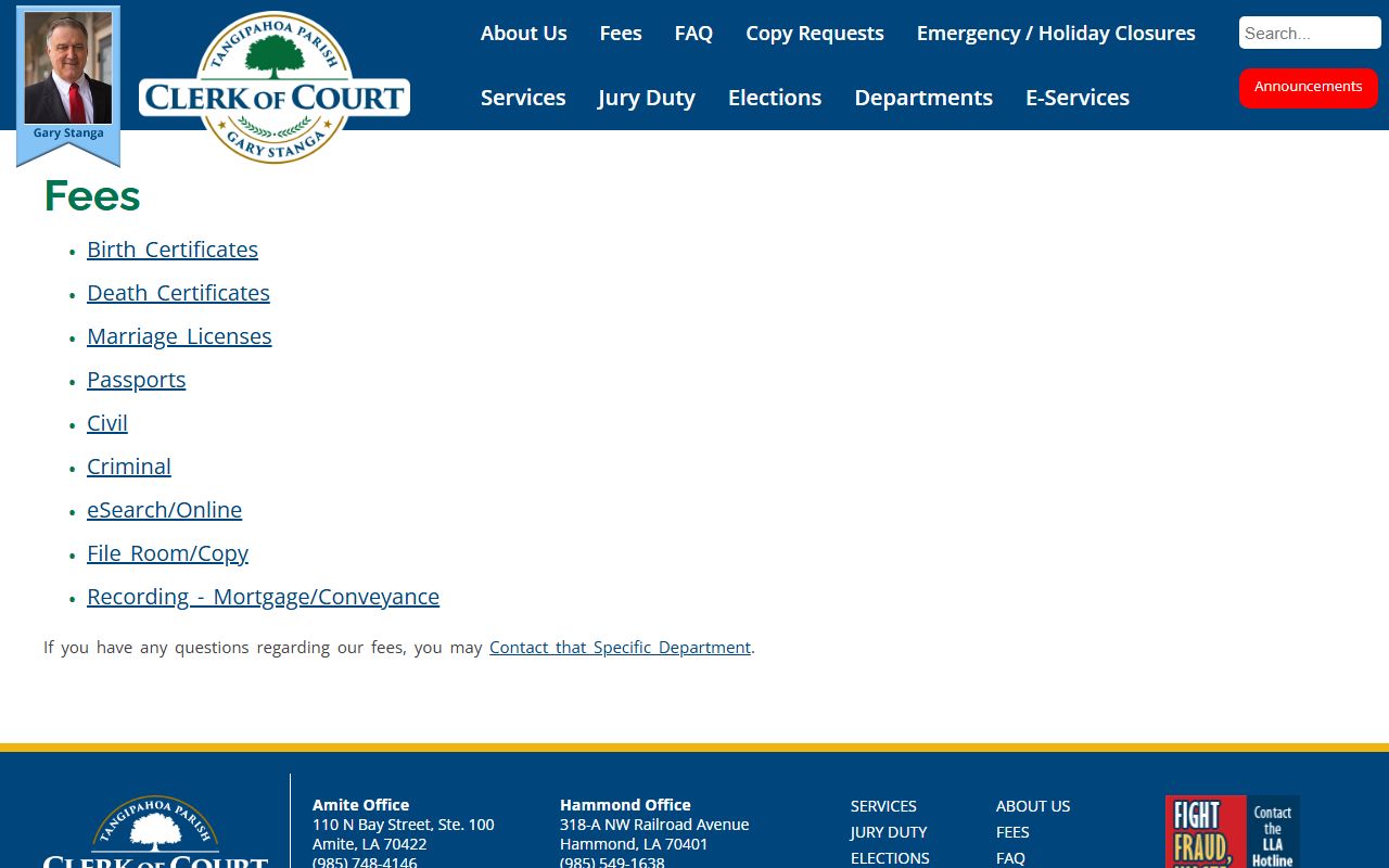 Tangipahoa Parish Clerk of Court fee page