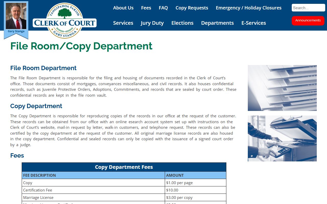 Tangipahoa Parish Clerk of Court File Room and Copy Department page