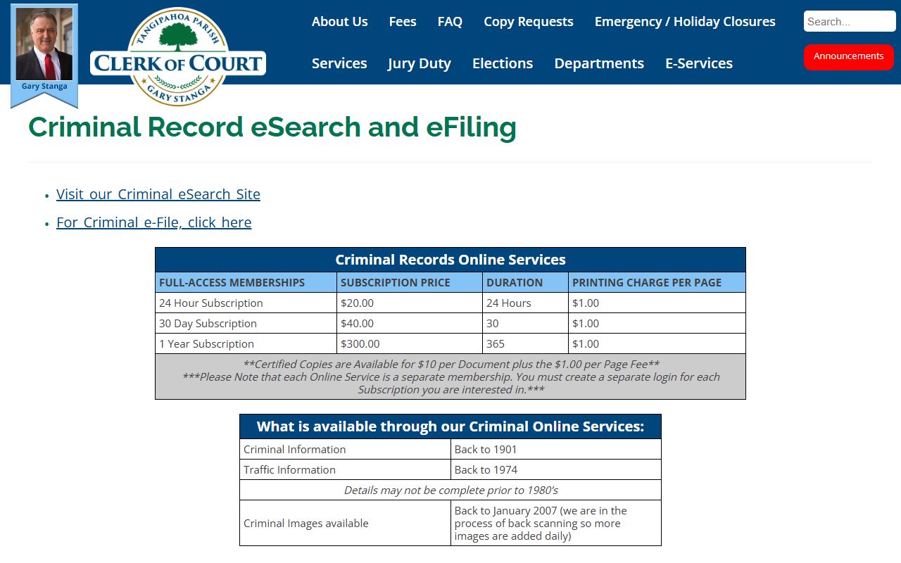 Tangipahoa Parish criminal court records Criminal Record eSearch