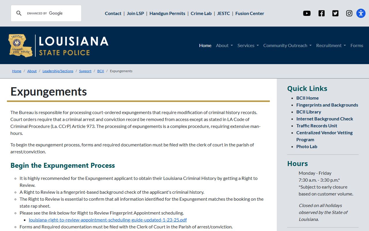 Tangipahoa Parish criminal court records Louisiana State Police expungements