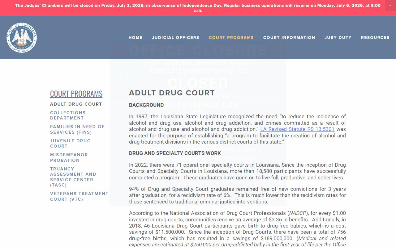 Tangipahoa Parish District Court Adult Drug Court page