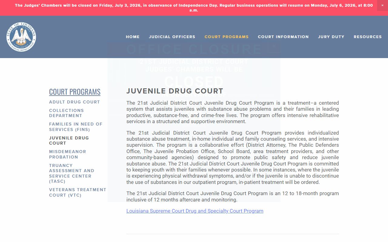 Tangipahoa Parish District Court Juvenile Drug Court page