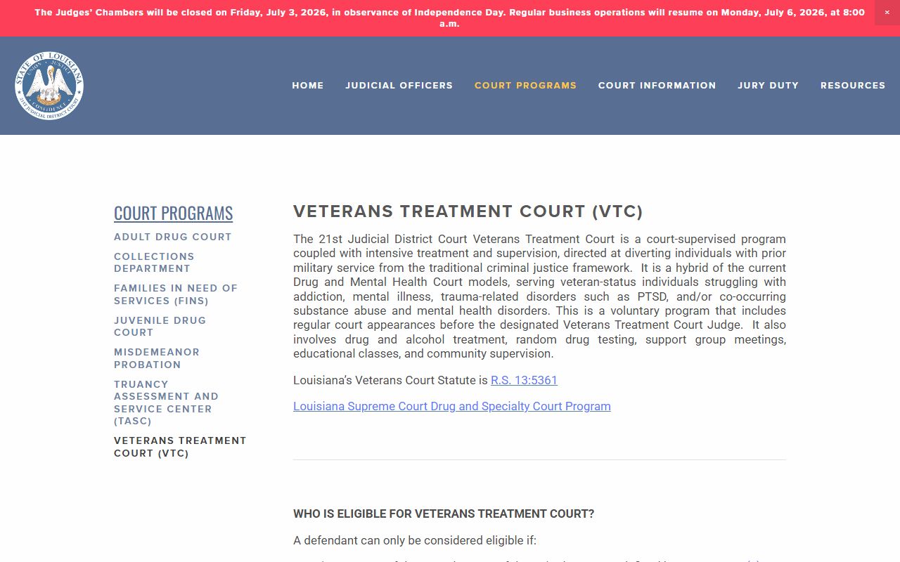 Tangipahoa Parish District Court Veterans Treatment Court page