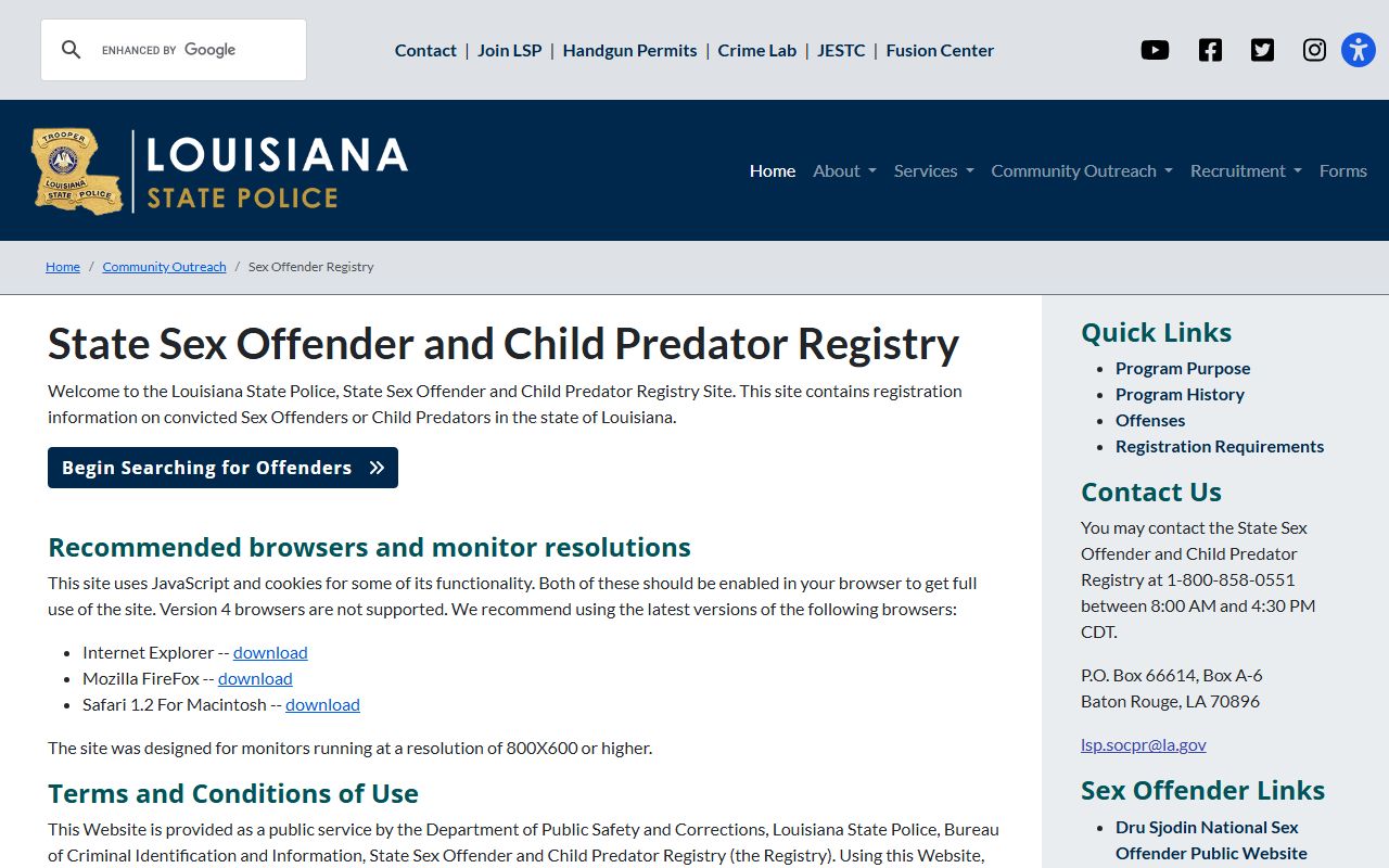 Tangipahoa Parish inmate records Louisiana State Police sex offender registry