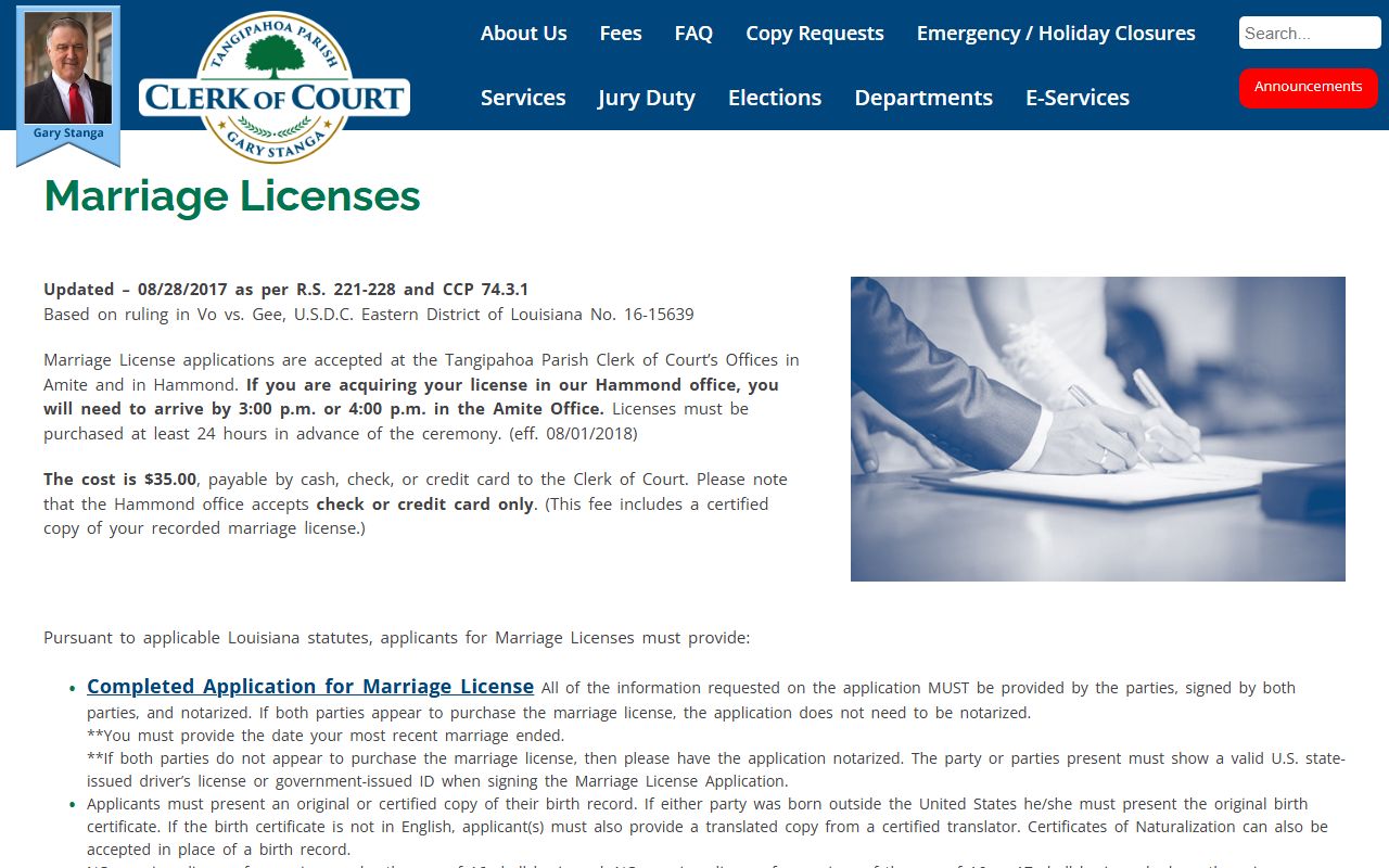 Tangipahoa Parish marriage records license requirements page