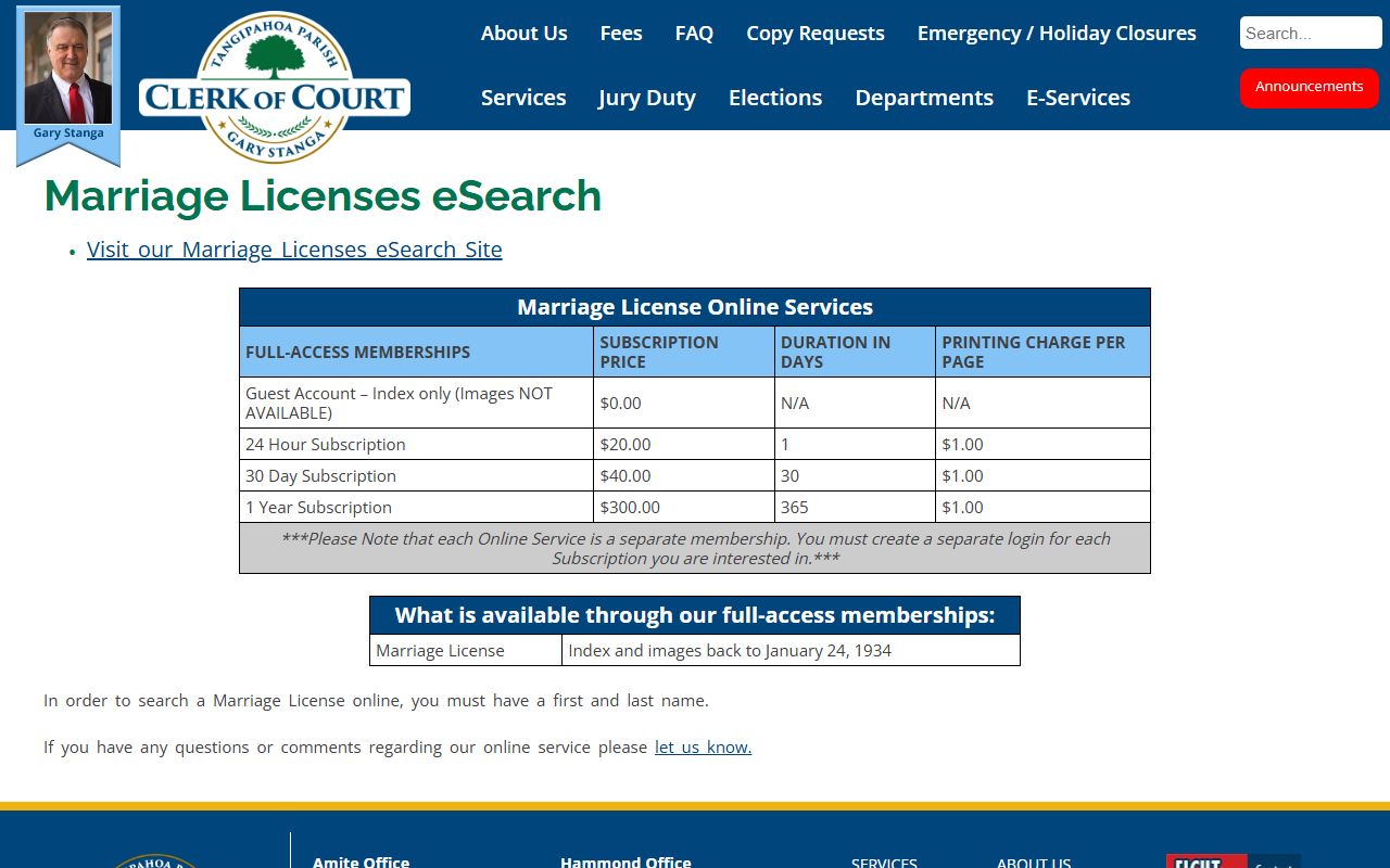 Tangipahoa Parish marriage records eSearch page