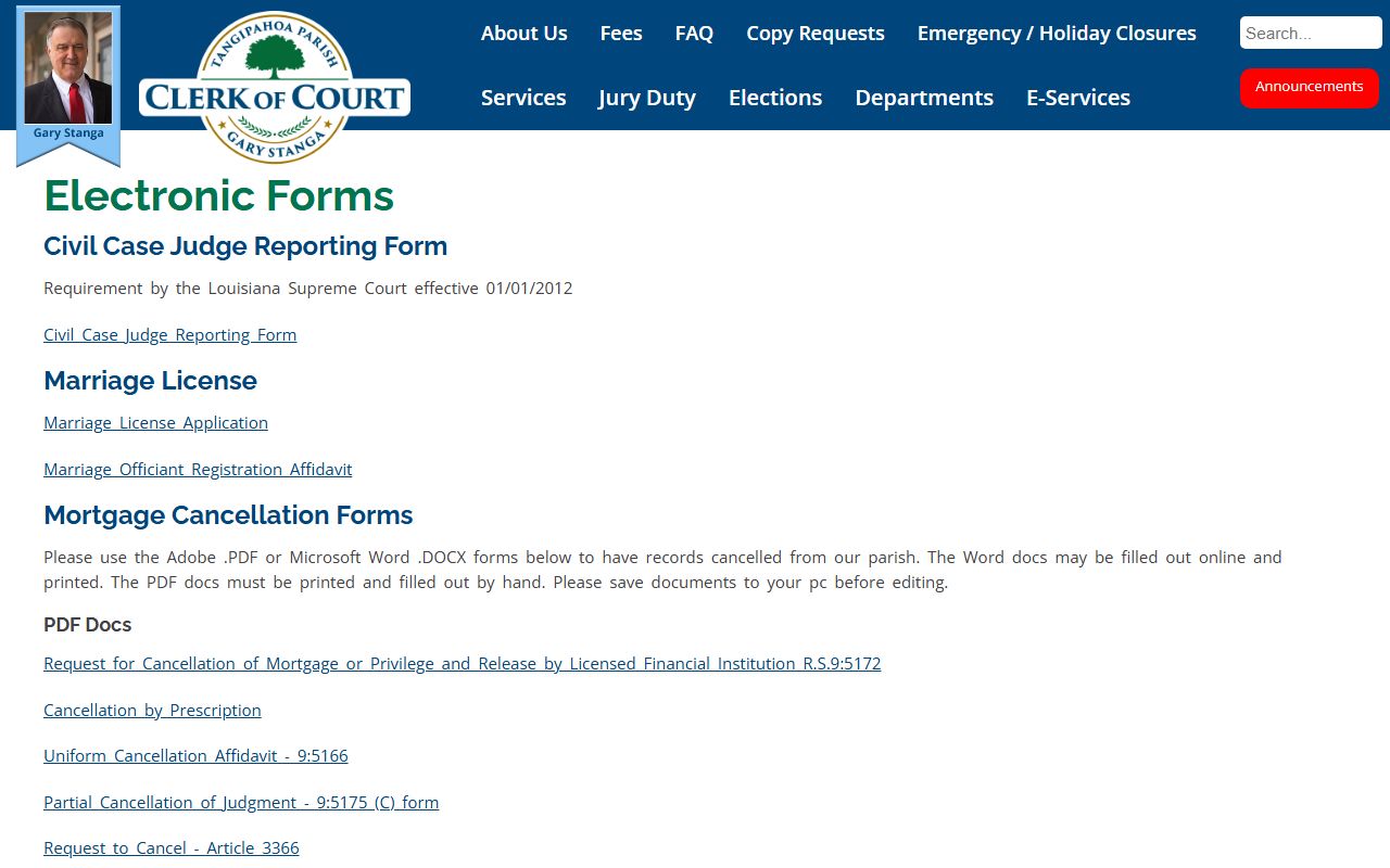 Tangipahoa Parish marriage records electronic forms page