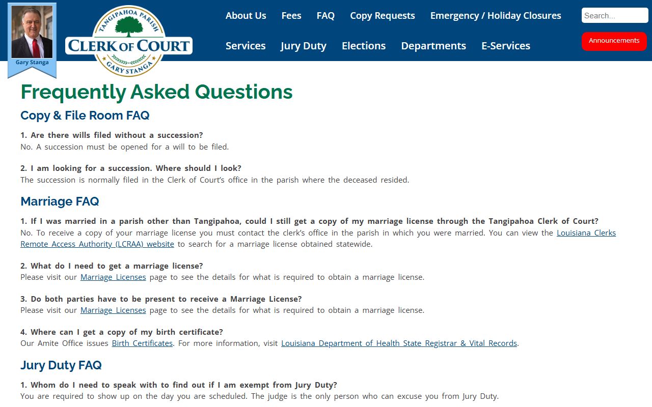 Tangipahoa Parish marriage and divorce records Clerk FAQ