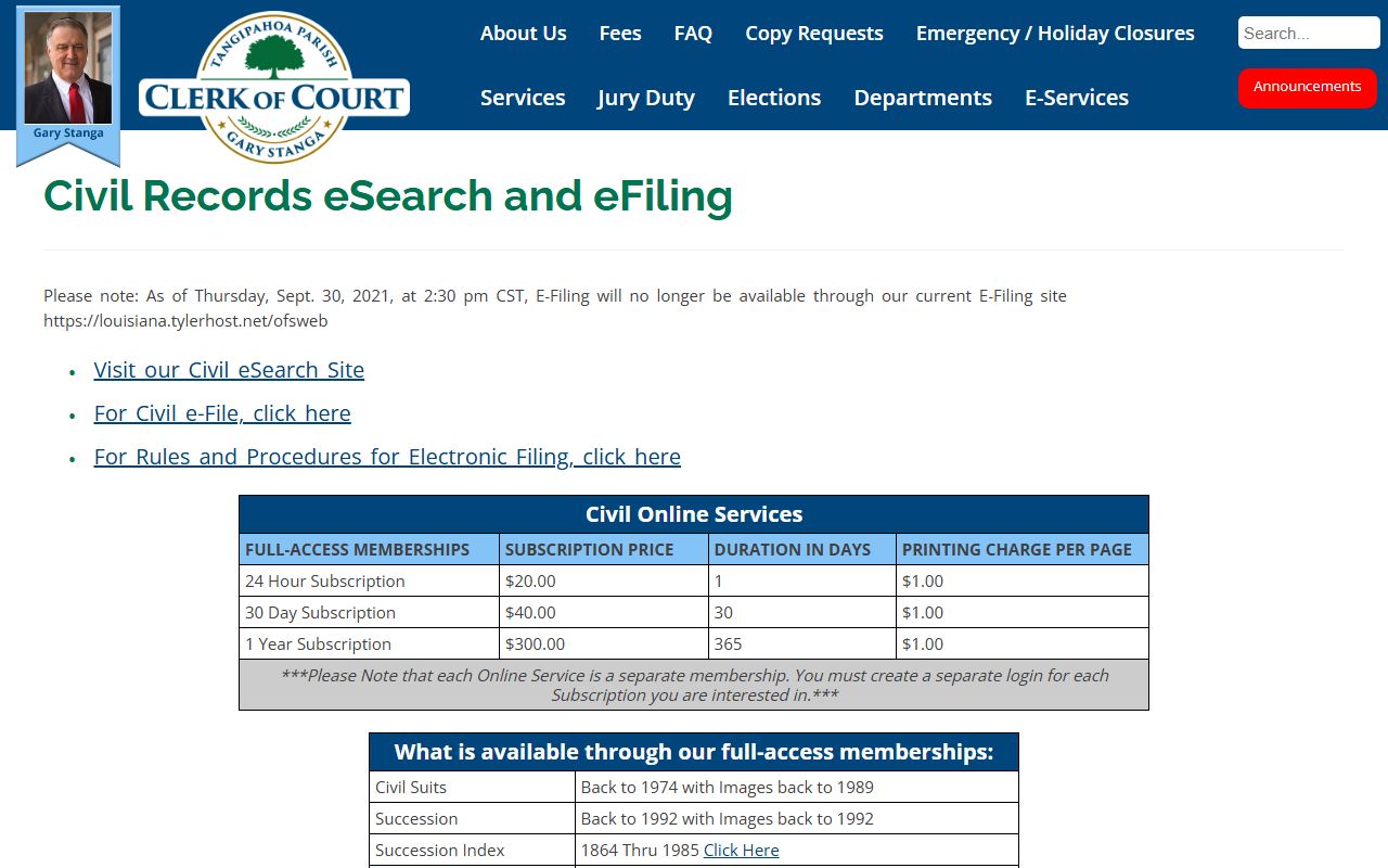 Tangipahoa Parish probate records Civil Record eSearch page