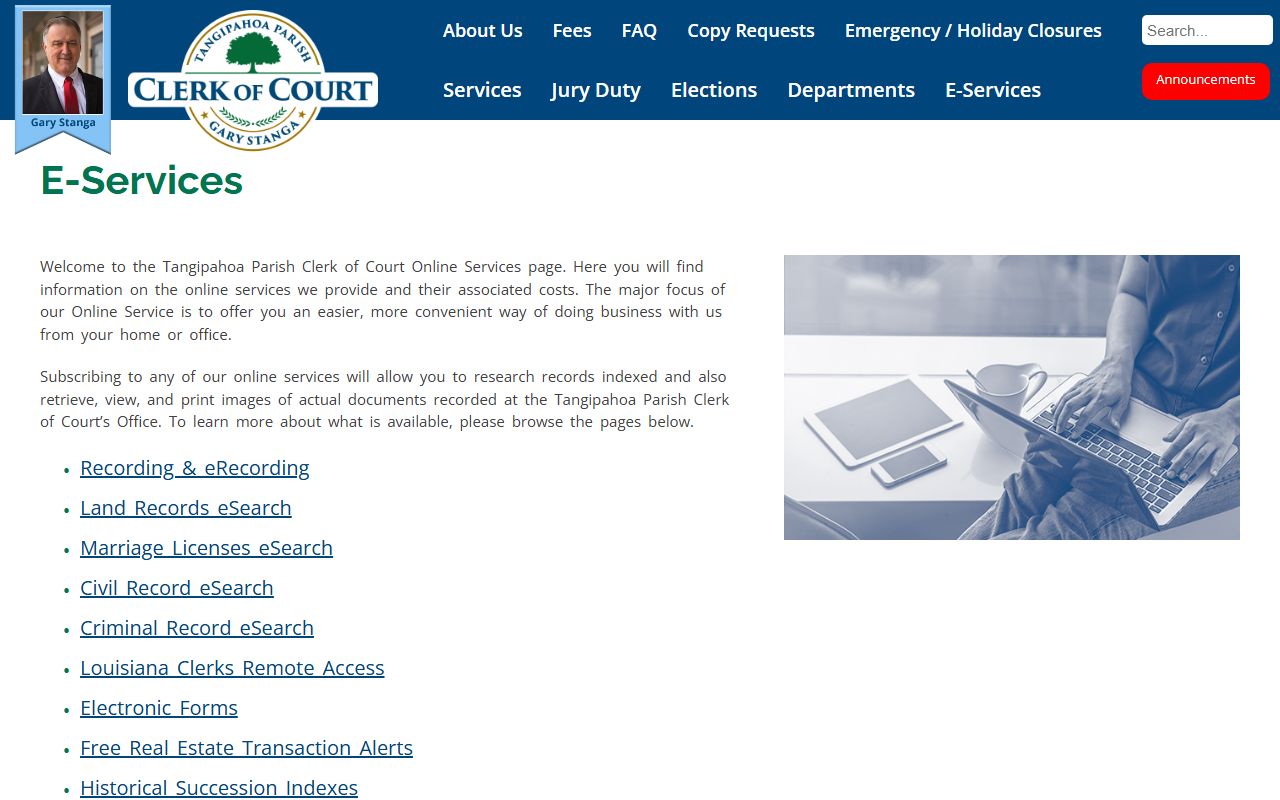 Tangipahoa Parish court records Clerk e-services menu