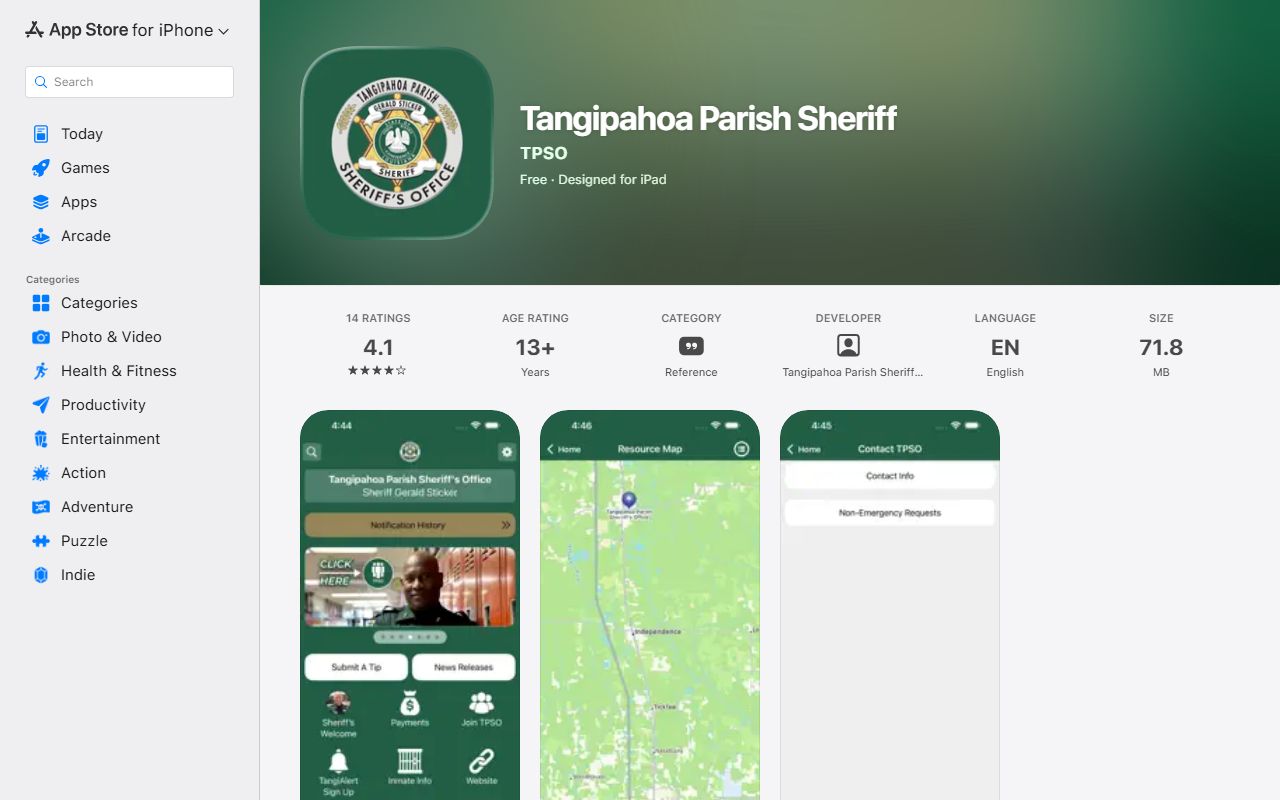 Tangipahoa Parish warrant records TPSO iOS app listing